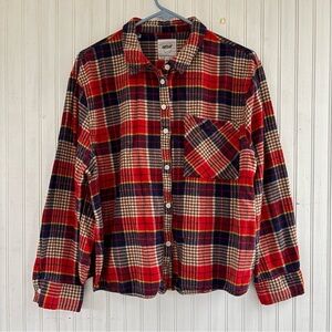Aerie Women's Red Blue Plaid Cropped Flannel Oversized Button Down Shirt Size XL